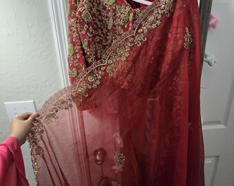Bridal Red tissue silk with Heavy hand-embroidered Blouse