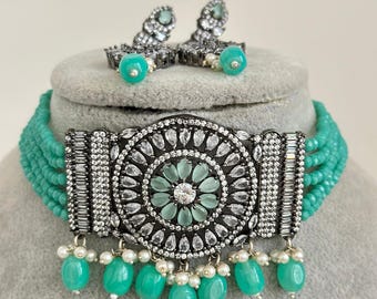 Bollywood Indian Pakistani Sea Green CZ Choker Necklace Jewelry Set