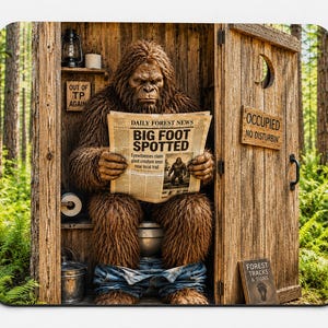 May include: A Bigfoot figure is seated in an outhouse, reading a newspaper with the headline "BIG FOOT SPOTTED." The outhouse is made of wood and has a sign that reads "OCCUPIED NO DISTURBIN." A sign says "FOREST TRACKS & SIGNS."