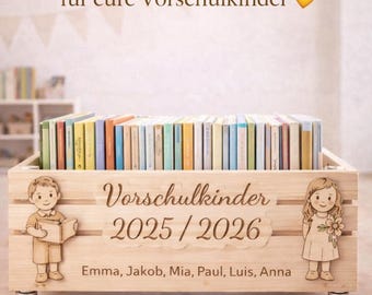 Abschiedsgeschenk Kindergarten personalisiert | Vorschulkinder 2025 2026 | Geschenk Kita Gruppe | Bücherkiste Holz mit Nam