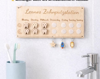 Personalisierte Zahnputzstation Kinder aus Holz – Montessori Zahnpflege Routine – Belohnungssystem Zähneputzen – Zahnputzplan Bad – Geschwis