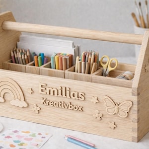 Arredamento per la cameretta dei bambini, scrivania Montessori, scatola artistica in legno personalizzata per bambini – scatola creativa con nome – astuccio, matite colorate, pennarelli, pennelli