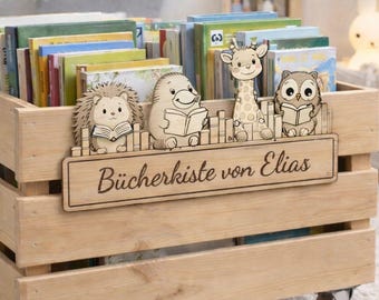 Bücherkiste Schild personalisiert, Kinderzimmer, Bücherregal, Holzdeko, Tiere