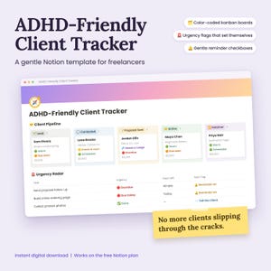 ADHD-vänlig klientspårare för frilansare, Notion CRM-mall med Kanban-tavlor, brådskande flaggor och påminnelser