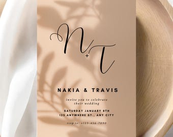 Minimalist Wedding Invitation Template: (Digital Download), Modern Shadow Overlay, Editable Monogram Wedding Invite