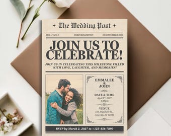 Vintage Newspaper Wedding Invitation Template: (Digital Download), Canva Editable for Printing or Evites