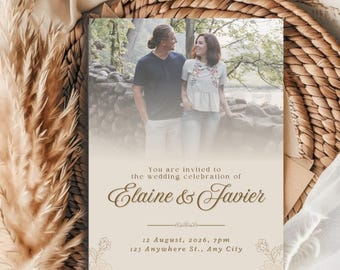 Classic Romance Beige Floral Wedding Invitation Template: (Digital Download), Canva Editable