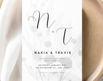 Minimalist Wedding Invitation Template: (Digital Download), Modern Shadow Overlay, Editable Monogram Wedding Invite