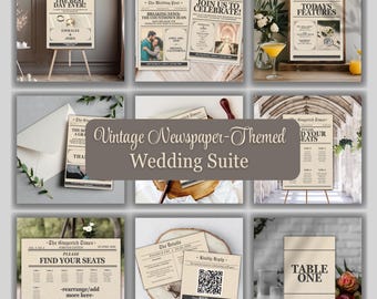 Vintage Newspaper-Themed Wedding Stationary Suite: (Elegant Canva Templates), (Digital Download), Printable Wedding Stationary Bundle