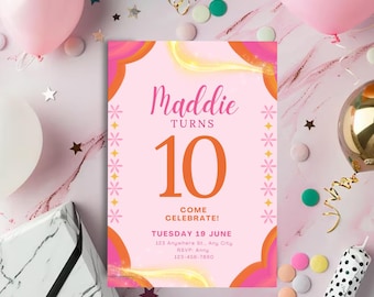 Pink & Orange Kid's Birthday Invitation Template: (Digital Download)