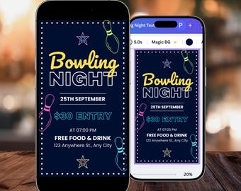 Animated Bowling Night Invitation: Digital Download, Neon Glow Bowling Party Evite, Canva Editable, DIY