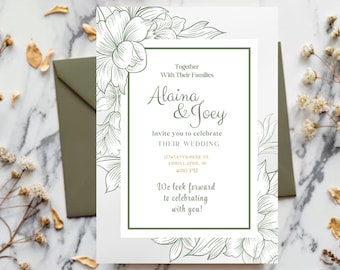Digital Mint Green & Gold Wedding Invitation Template | Editable Floral Line Art Canva Invite | Modern Minimalist Spring Ceremony e-vite