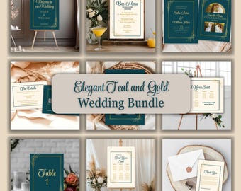 Elegant Teal and Gold Wedding Stationary Template Bundle: (Digital Download), Canva Editable Wedding Invitation and Set
