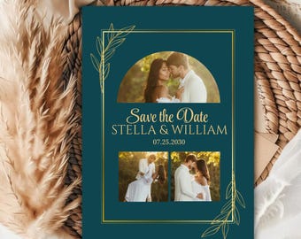 Elegant Teal & Gold Save the Date Template: (Digital Download), Canva Editable, Sophisticated Save the Date