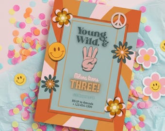 Groovy 3rd Birthday Invitation Template : (Digital Download), Young Wild & Three Invite, Retro Birthday Evite