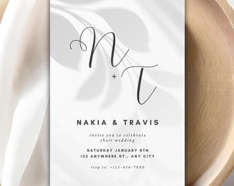 Minimalist Wedding Invitation Template: (Digital Download), Modern Shadow Overlay, Editable Monogram Wedding Invite