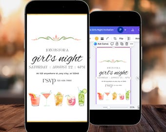 Animated Girl's Night Invitation, Watercolor Cocktail Bachelorette Invite, Ladies Night Video Invitation, Digital Drinks Party Template