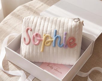 Personalized Quilted Stroller Organizer, Custom Name Diaper Pouch, Baby Shower Gift, Luxury New Mom Care Package, 3D Yarn Bag
