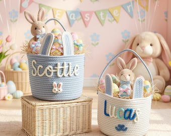 Canasta de Pascua personalizada azul para niños, primer regalo de Pascua para hijo, canasta de cuerda de hilo con nombre personalizado, decoración bohemia para habitación de niño, ahijado de Pascua