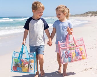 Personalized Kids Beach Bag, Custom Name Clear PVC Pool Tote, Swim Gear Organizer, Summer Vacation Gift for Girls Boys