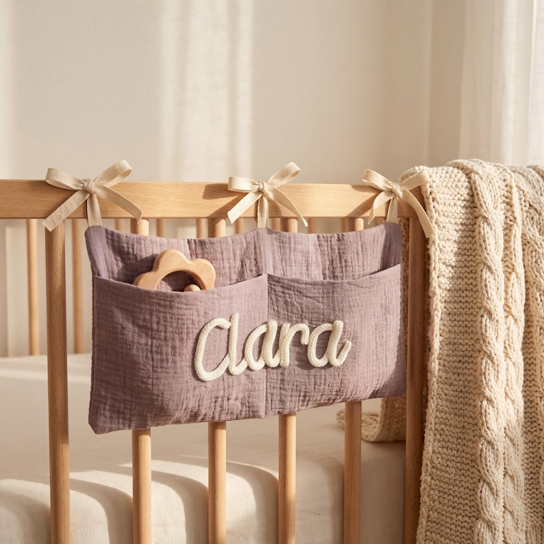 May include: A dusty purple fabric hanging organizer with two pockets, attached to a wooden crib rail with three cream-colored ribbon ties. The name Clara is embroidered in white script on the front, and a wooden flower toy sits in one pocket.