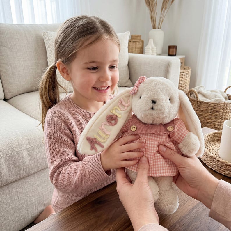 May include: A plush cream-colored rabbit toy wearing a pink and white gingham dress with a matching bow on its ear. The rabbit has the name Aurora embroidered in multi-colored yarn on one of its long, floppy ears, featuring a soft, fuzzy texture.