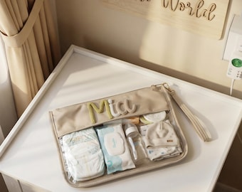 Gepersonaliseerd kraamcadeau, doorzichtig zakje aangepaste naam, brieftas gebreid touw, geboortecadeau pasgeborene, minimalistische nylon organizer
