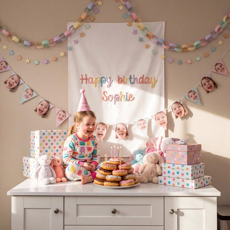 K&ouml;nnte beinhalten: Ein Kind mit einer rosa Partyh&uuml;tchen und gemustertem Schlafanzug sitzt vor einem Donut-Stapel mit Kerzen. Ein wei&szlig;es Banner zeigt den Text Happy birthday Sophie, umgeben von pastellfarbenen Papierketten, Sternengirlanden und Fotowimpeln.