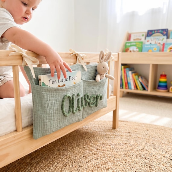 Personalized Nursery Organizer, Gender Neutral Crib Caddy, Knit Name, Sage Green Bedside Storage, Baby Gift