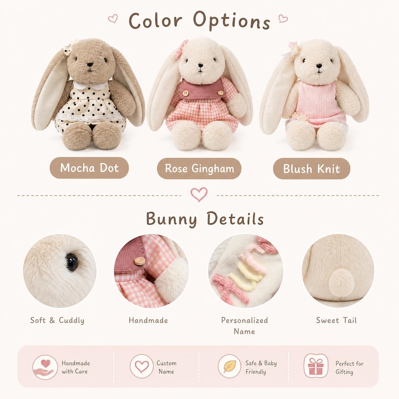May include: Three plush bunny dolls in Mocha Dot, Rose Gingham, and Blush Knit outfits. Details include soft fur, a round tail, and options for a personalized name. The text includes Color Options, Bunny Details, Soft & Cuddly, Handmade, and Personalized Name.