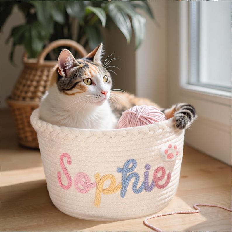 May include: A calico cat rests in a white woven basket. The basket has the name "Sophie" embroidered in pastel colors. A ball of pink yarn sits inside the basket, and a paw print is on the side.