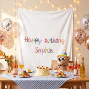 Personalisierte Baby Geburtstagsbanner, Neugeborene Name Tapisserie, Süßer Geburtstag Hintergrund, Prinzessin Party Banner, Mädchen Erster Geburtstag Zeichen Bild 10