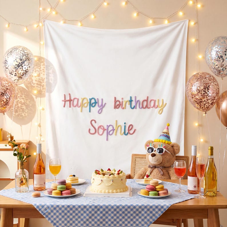 Personalisierte Baby Geburtstagsbanner, Neugeborene Name Tapisserie, Süßer Geburtstag Hintergrund, Prinzessin Party Banner, Mädchen Erster Geburtstag Zeichen Bild 10