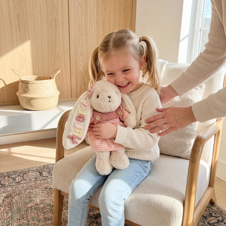May include: A plush cream-colored rabbit toy with long ears, wearing a pink and white gingham dress with buttons. The name Aurora is embroidered in pastel letters on one ear. The rabbit has a small pink flower detail on its head.