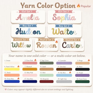 May include: A color chart displaying yarn options for custom names. It features seven example name sets in various fonts and colors, followed by a numbered list of twenty solid yarn colors ranging from cream to forest green with labels.