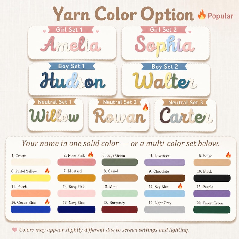 May include: A color chart displaying yarn options for custom names. It features seven example name sets in various fonts and colors, followed by a numbered list of twenty solid yarn colors ranging from cream to forest green with labels.