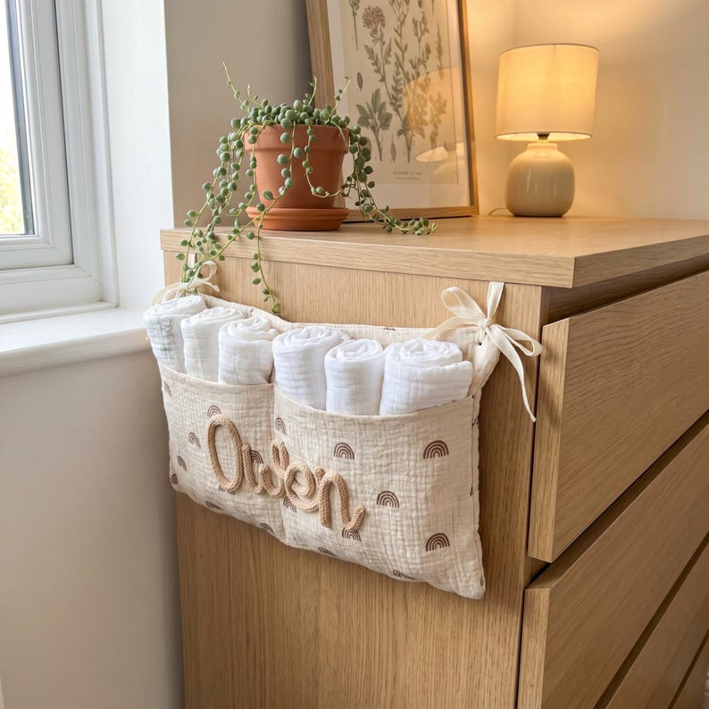 May include: A beige fabric hanging organizer with two pockets, featuring a repeating brown rainbow pattern and the name Owen embroidered in cursive script. The organizer is filled with five rolled white muslin cloths and tied with fabric ribbons.