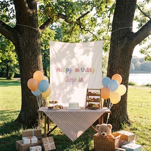K&ouml;nnte beinhalten: Ein wei&szlig;es Stoffbanner mit dem Text Happy birthday Sophie in bunten Buchstaben h&auml;ngt zwischen zwei B&auml;umen &uuml;ber einem Tisch mit braun-wei&szlig; karierter Tischdecke, einem Kuchen, einer Etagere, Luftballons und einem Teddyb&auml;ren im Korb.