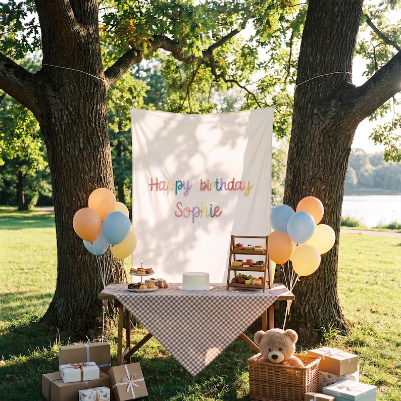 K&ouml;nnte beinhalten: Ein wei&szlig;es Stoffbanner mit dem Text Happy birthday Sophie in bunten Buchstaben h&auml;ngt zwischen zwei B&auml;umen &uuml;ber einem Tisch mit braun-wei&szlig; karierter Tischdecke, einem Kuchen, einer Etagere, Luftballons und einem Teddyb&auml;ren im Korb.