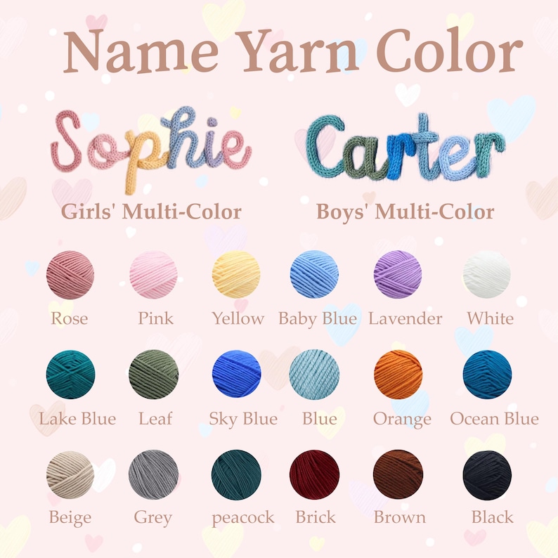 May include: Image showcasing yarn color options for personalized name art. The names "Sophie" and "Carter" are displayed in multi-color yarn. A color chart includes shades like rose, yellow, and blue, with text labels for each color.