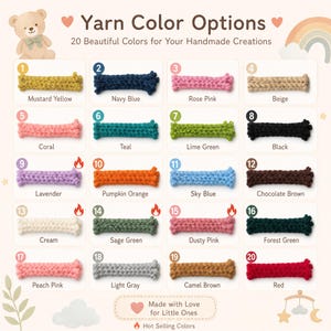 May include: A color chart displaying 20 numbered yarn samples in various shades including mustard yellow, navy blue, rose pink, beige, coral, teal, lime green, black, lavender, pumpkin orange, sky blue, chocolate brown, cream, sage green, dusty pink, forest green, peach pink, light gray, camel brown, and red.