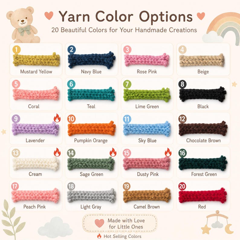 May include: A color chart displaying 20 numbered yarn samples in various shades including mustard yellow, navy blue, rose pink, beige, coral, teal, lime green, black, lavender, pumpkin orange, sky blue, chocolate brown, cream, sage green, dusty pink, forest green, peach pink, light gray, camel brown, and red.