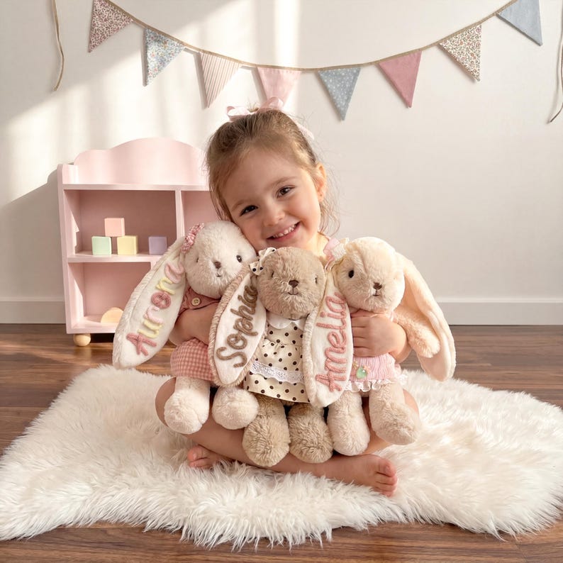May include: Three plush stuffed bunnies with long floppy ears. Each bunny features a name embroidered on one ear: Aurora in pink, Sophia in brown, and Amelia in pink. The bunnies wear small outfits including a pink gingham dress and a polka dot dress.