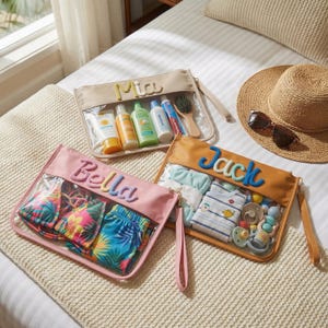 Personalized Beach Bag Organizer, Custom Sunscreen Pouch, Clear Wet Bag for Swimwear, Family Vacation Travel Set, Pool Party Gift