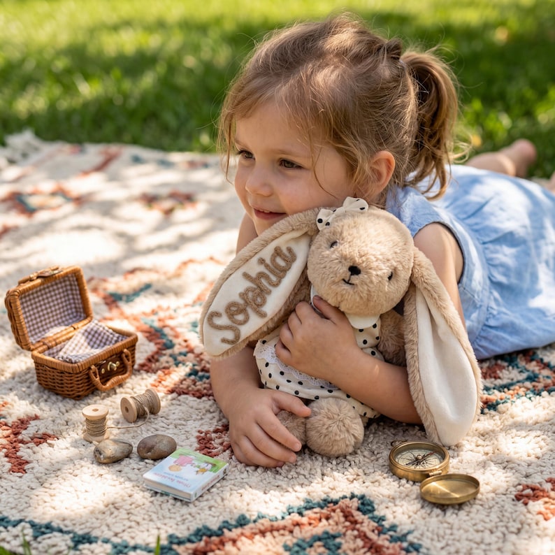 May include: A plush tan rabbit toy with long ears, one of which is embroidered with the name Sophia in brown script. The rabbit wears a white dress with black polka dots and a small white bow on its head, featuring soft fur and stitched facial details.