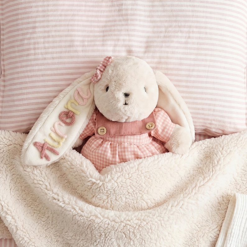 May include: A plush cream-colored rabbit toy wearing a pink gingham dress with two wooden buttons. The rabbit has a long ear embroidered with the name Aurora in pastel-colored yarn and a small pink fabric flower attached to the top of its head.