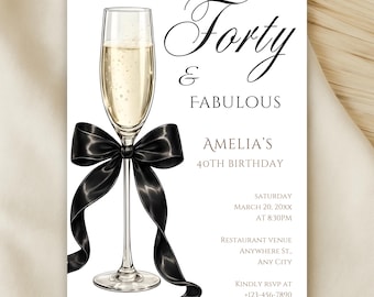 40th Birthday Invitation Template, Champagne & Black Bow Elegant Invite (Digital Canva Template 5x7 inches)