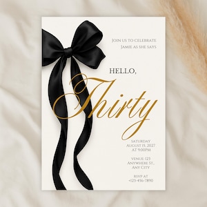Faire-part d'anniversaire élégant avec noeud noir, invitation d'anniversaire minimaliste de luxe, modèle de toile numérique modifiable
