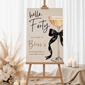 Może przedstawiać: Pionowy prostokątny znak na drewnianej sztaludze z napisem "hello, Forty", "WELCOME TO Bliss's" oraz "40TH BIRTHDAY CELEBRATION". Projekt zawiera dużą ilustrację kieliszka do szampana ozdobionego czarną jedwabną kokardą.