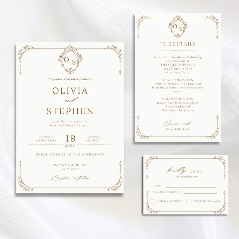 Op de afbeelding: Een witte trouwkaartenset met gouden, sierlijke randen en een centraal monogram met de letters O en S. De tekst bevat de namen Olivia en Stephen, de datum 18 augustus 2030, details over het evenement en een RSVP-kaart met invulregels.